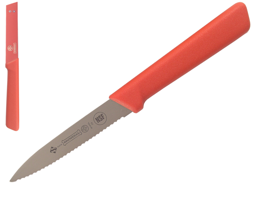 Mundial 5600 Series 4" Serrated Edge Spear Point Paring Knife (Red Handle)