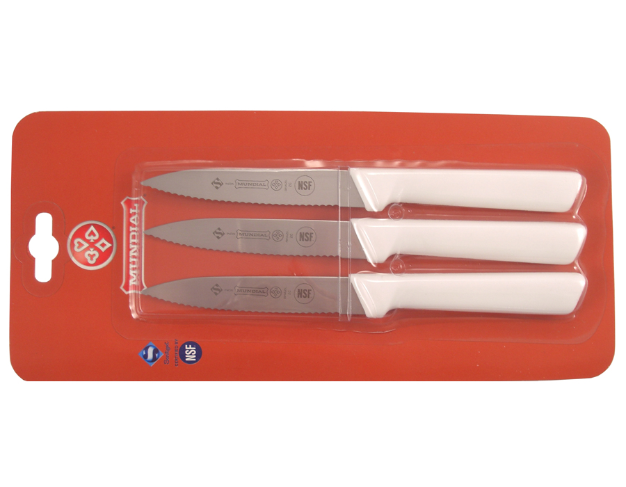 Mundial 5600 Series 4" Serrated Edge Spear Point Paring Knife, Set of 3 (White Handle)