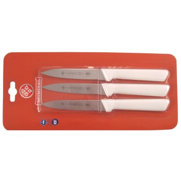 Mundial 5600 Series 4" Serrated Edge Spear Point Paring Knife, Set of 3 (White Handle)