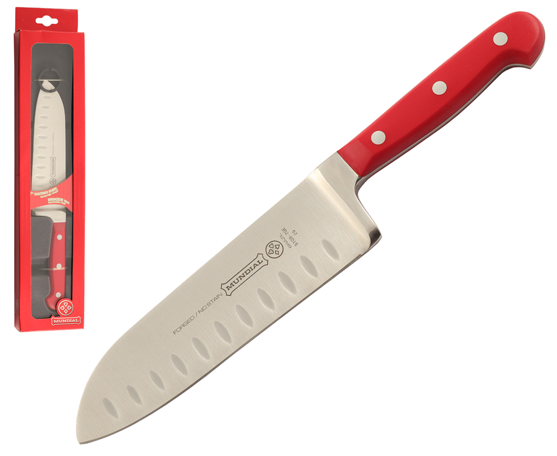 Mundial 5100 Series 7" Hollow Edge Santoku Chef's Knife (Red Handle)